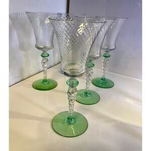 Lot of 5 Vintage Tiffin Green 10” Optic Uranium Wine Glasses